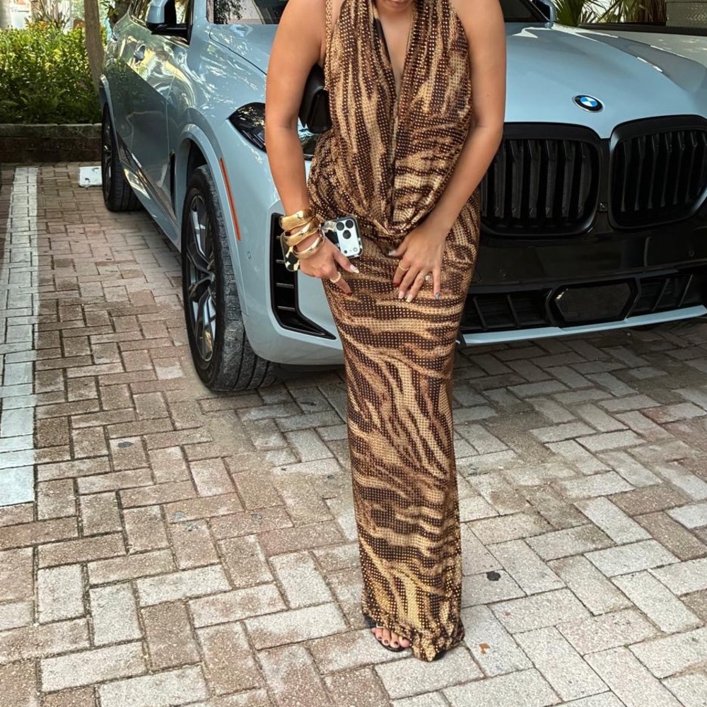 Brown Animal Print Halter Dress - Picture 3 of 5